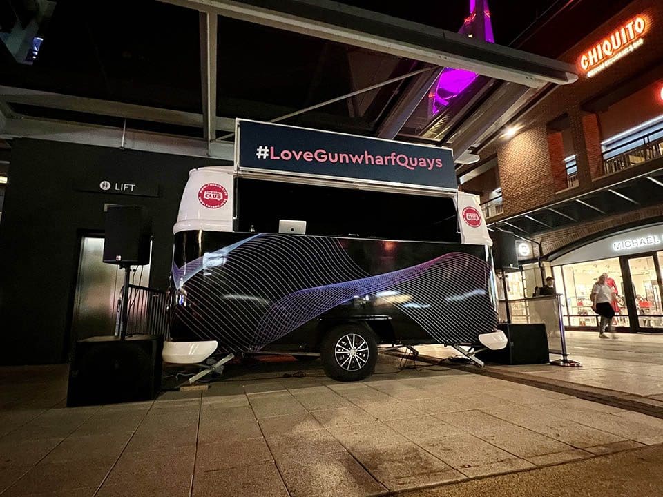 Supersized mobile dj booth student shopping event hire